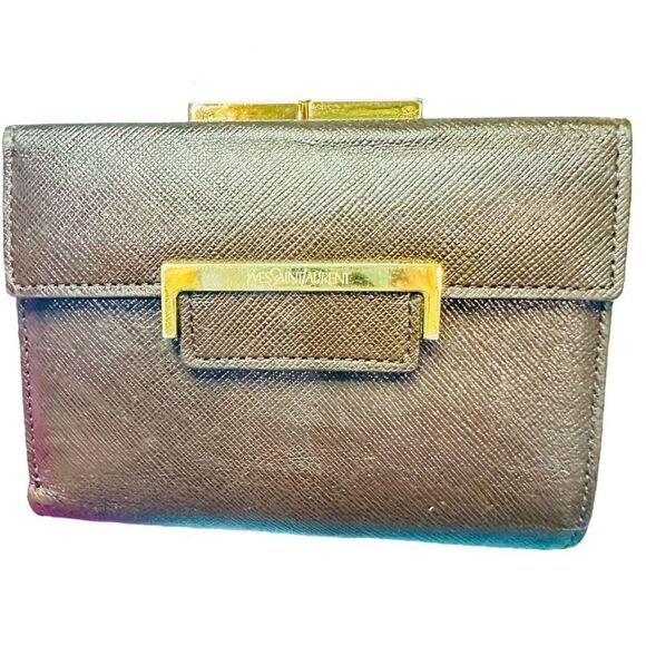 YSL YVES SAINT LAURENT Dark Brown Goldtone Saffiano Leather Kisslock Wallet Bag - Picture 13 of 13